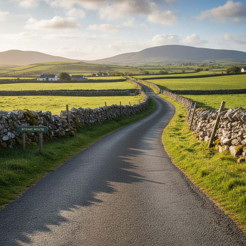 A winding narrow road cutting through emerald-green fields and low, rolling hills in rural Ireland, bordered by ancient dry-stone walls mottled with moss and lichen. A small, tasteful roadside sign reading “Scenic Route” in understated typography stands to one side, hinting at a curated path. Soft afternoon light breaks through high clouds, creating gentle highlights on the grass and subtle shadows along the road. Shot from a low angle near the textured asphalt, the composition guides the viewer’s eye into the distance, suggesting discovery and hidden gems. Background farmhouses and distant hills are slightly blurred for depth. The photographic style is natural and clean, with a tranquil, contemplative mood that reflects the peaceful pace of private, off-the-beaten-path Irish tours.