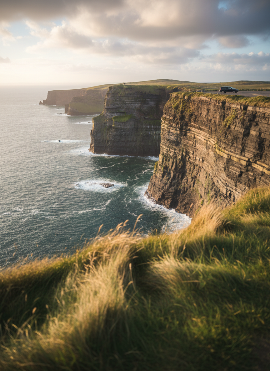 A panoramic view of the Cliffs of Moher captured from a slightly elevated vantage point, with rugged, stratified rock faces plunging dramatically into the deep blue Atlantic. Wild grasses in varying shades of green and ochre frame the foreground, gently bent by a light breeze. The sky is partly cloudy, with shafts of late afternoon sunlight breaking through and illuminating sections of the cliffs and sea spray below. A discreet luxury vehicle is parked far back on a small cliff-top layby, softly out of focus to suggest private access without dominating the landscape. Photographic realism with high dynamic range preserves both shadow detail in the cliff faces and subtle highlights on the water. The atmosphere is awe-inspiring yet serene, evoking iconic Irish sights experienced in comfort and privacy.